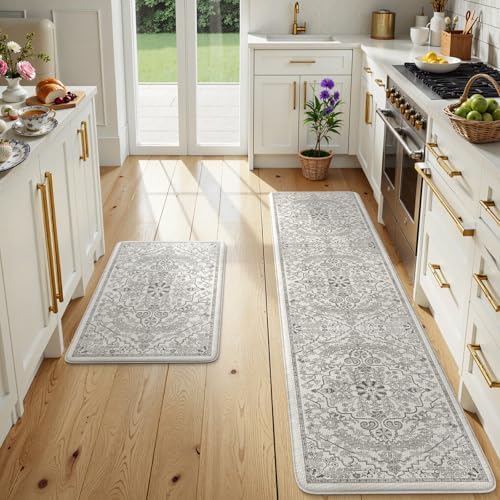 KIMODE Kitchen Mats for Floor Anti Fatigue, Grey Boho Vintage Kitchen Rugs